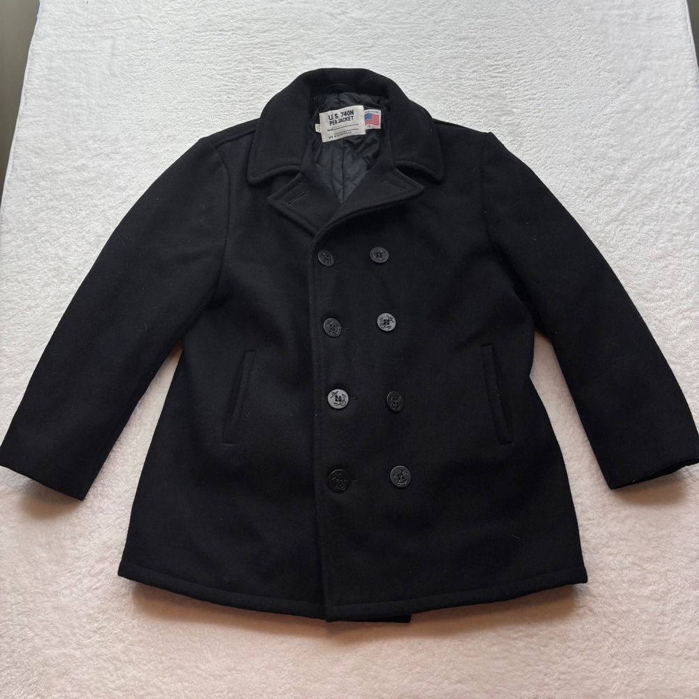 Schott NYC US 740N Pea Coat Black Wool Double Breasted Jacket Size 18 USA Made
